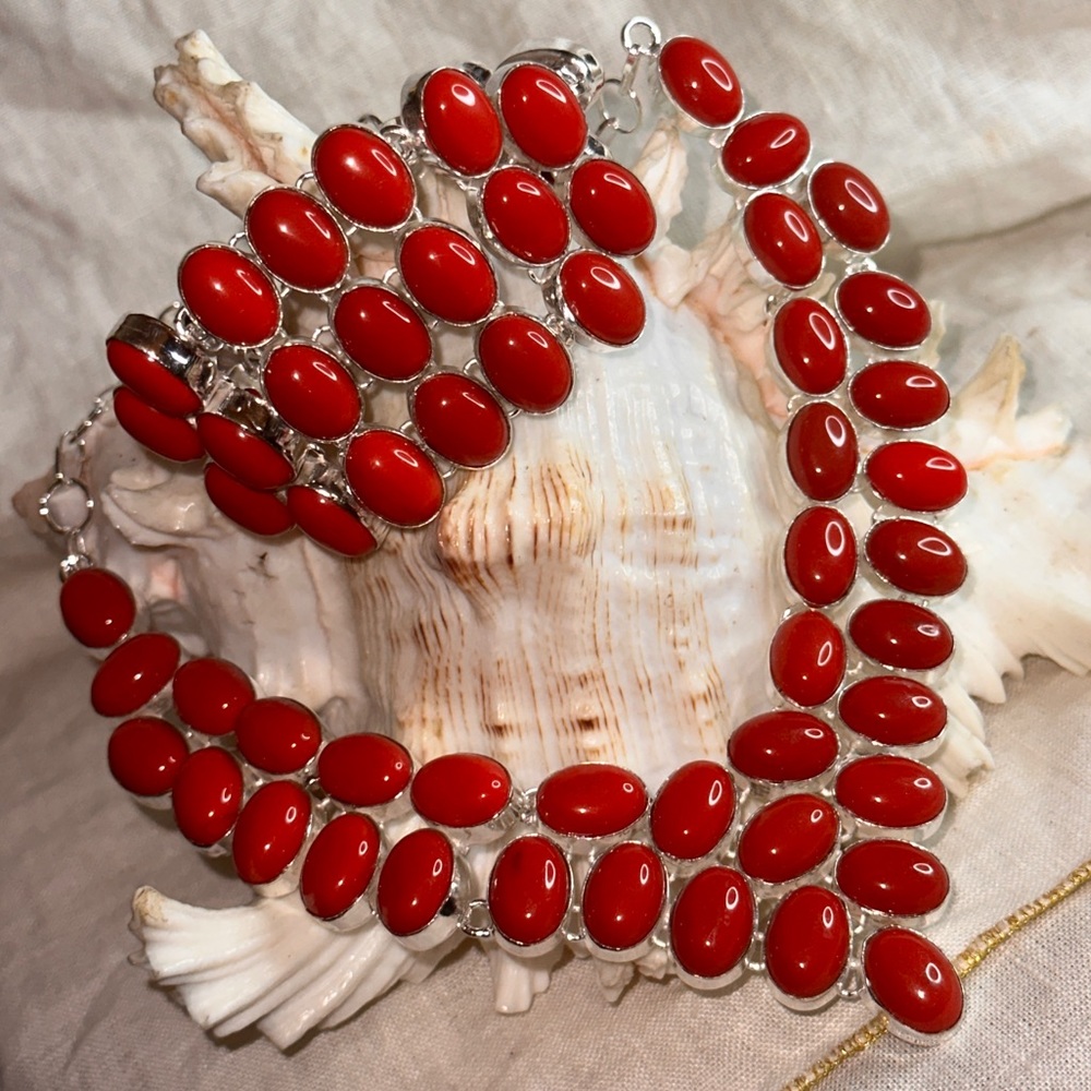 Artisan designed & handcrafted Italian Red Coral multi-gem necklace + bracelet